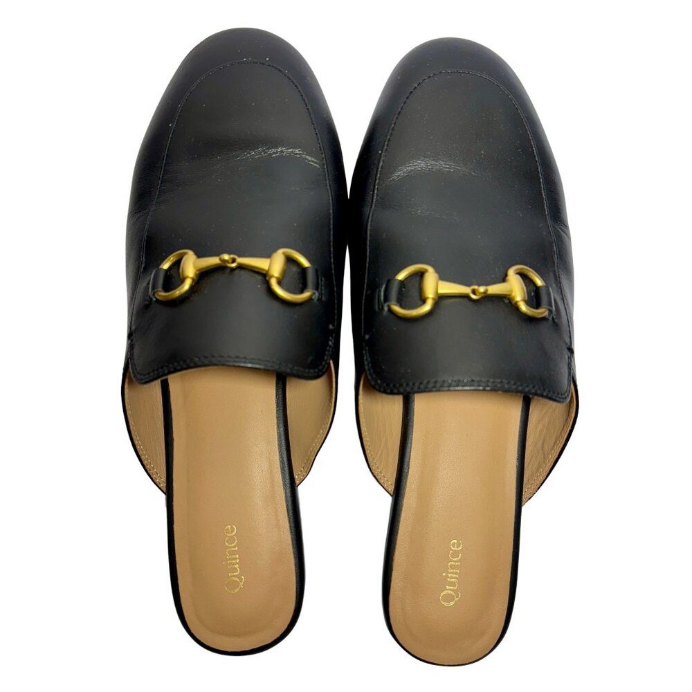 Quince Black Leather Mules with Gold Accent